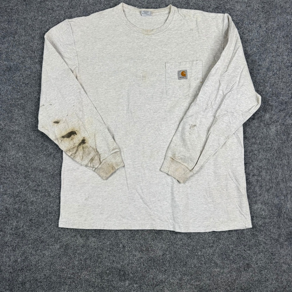 Carhartt Shirt Mens Size L Tall Gray Long Sleeve Pocket Tee Distressed Stained